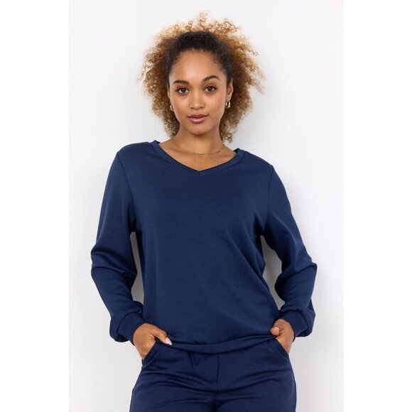 NWT SOYA CONCEPT BANU 194 Navy Blue Iris V Neck Luxe Sweat Shirt - Picture 1 of 5
